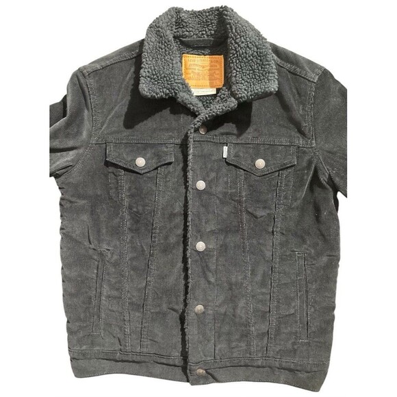Levis Premium Trucker Jacket Corduroy Sherpa Lined Black Sz Small Big E Tab Snap - Picture 2 of 5